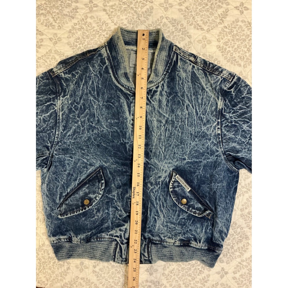 VTG Chemin de Fer Womens S Acid Wash Denim Bomber Jacket Zipper Pockets Ribbed - Picture 4 of 8